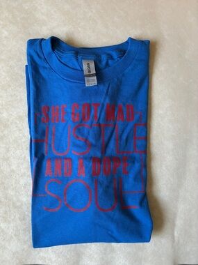Gildan Blue Tee with Red Graphic Text "She Got Mad Hustle"